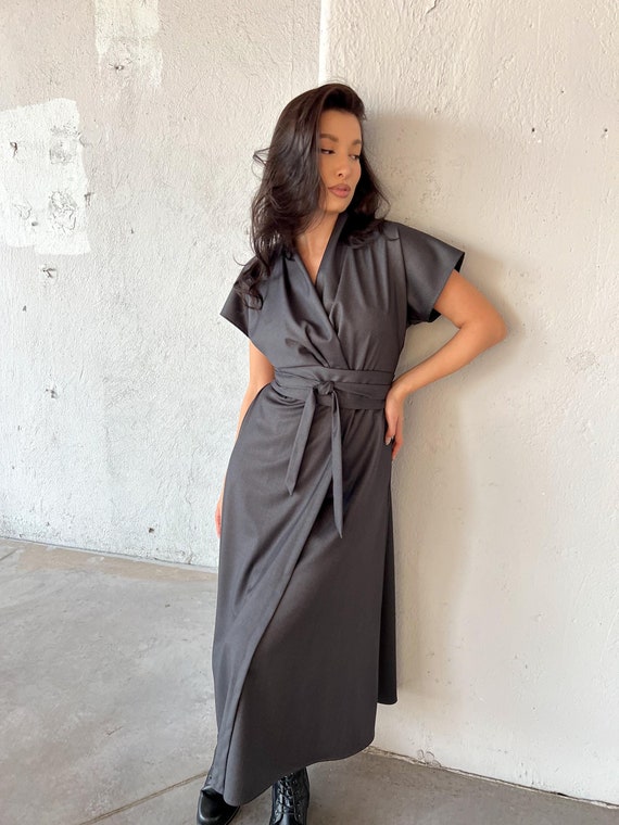 grey tie waist dress Modular Panel Midi Dress with Tie Waist main image 1