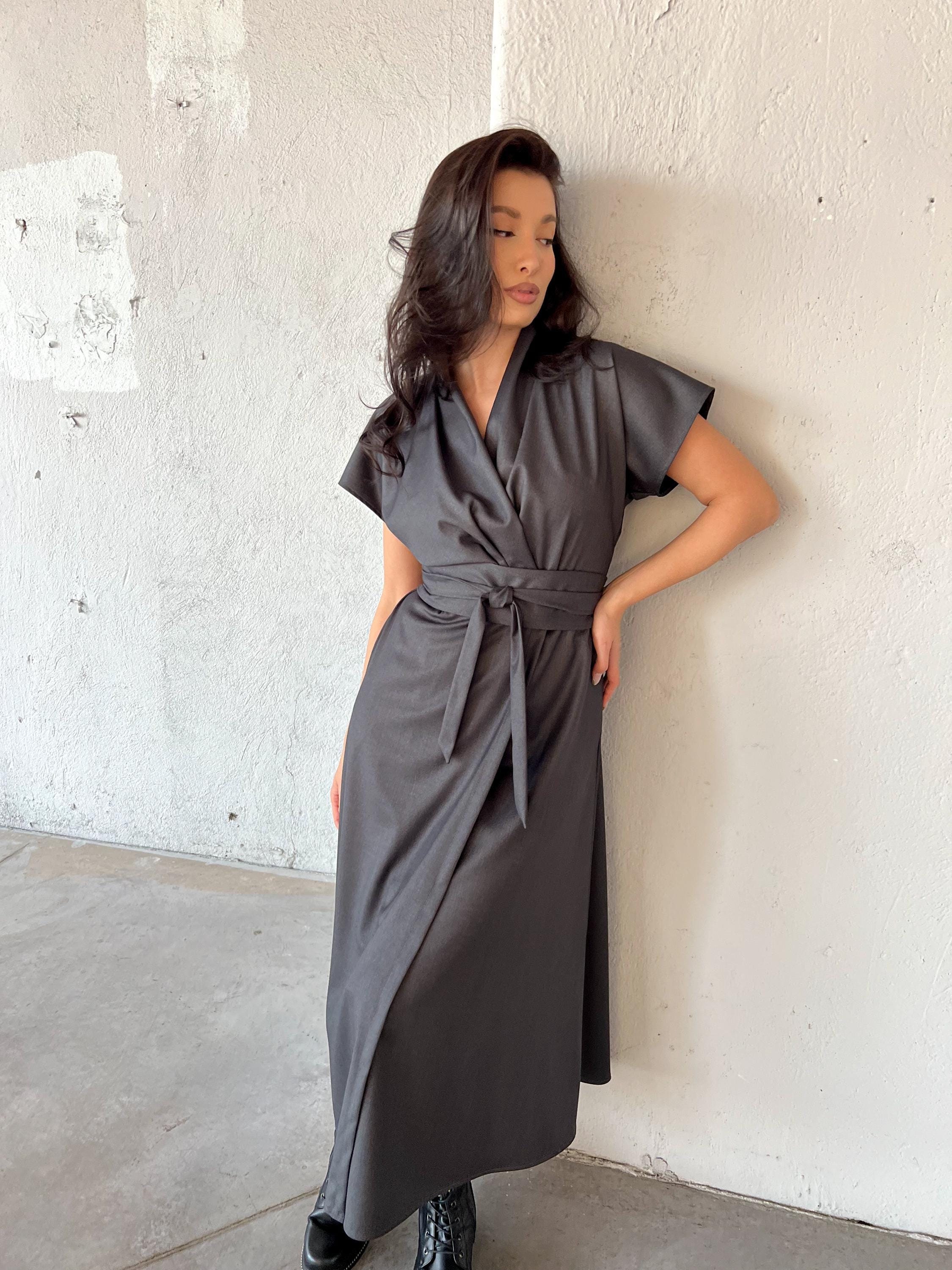 grey woolen dress Gray Wool Long Sleeve Midi Dress Handmade Winter Elegance