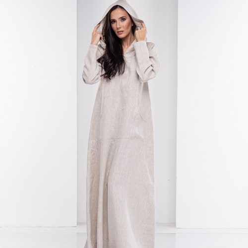 Hooded Linen Maxi Dress, Dusty Turquoise Summer Dress - Etsy