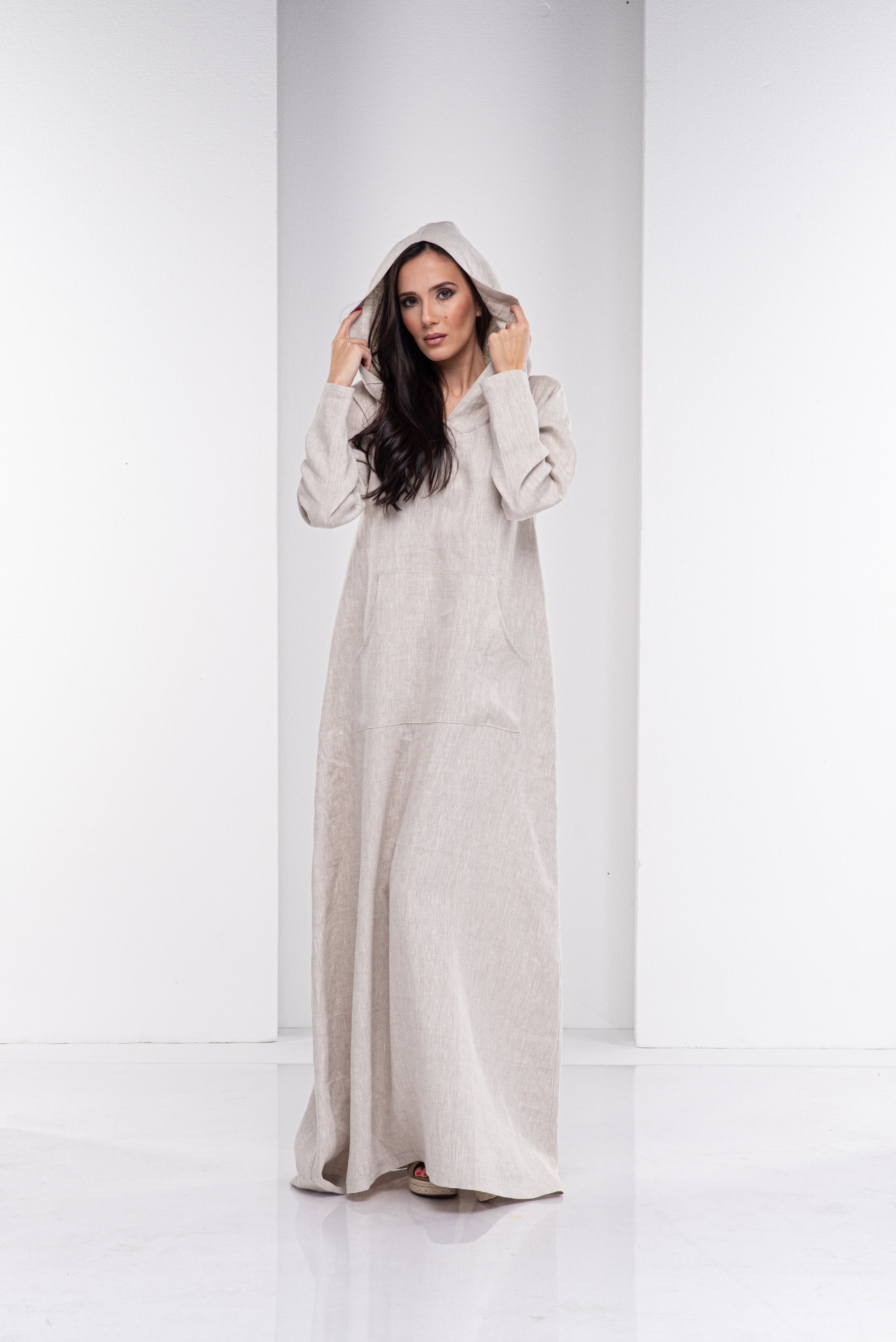 linen midi dress long sleeve Linen Midi Dress in Turkish Coffee Stripe