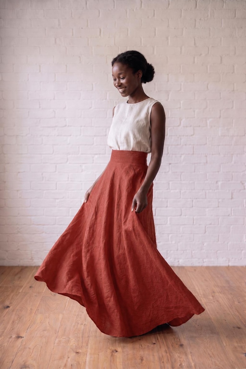 High Waisted Linen Circle Maxi Skirt, Victorian Boho Plus Size Flowy Skirt image 3