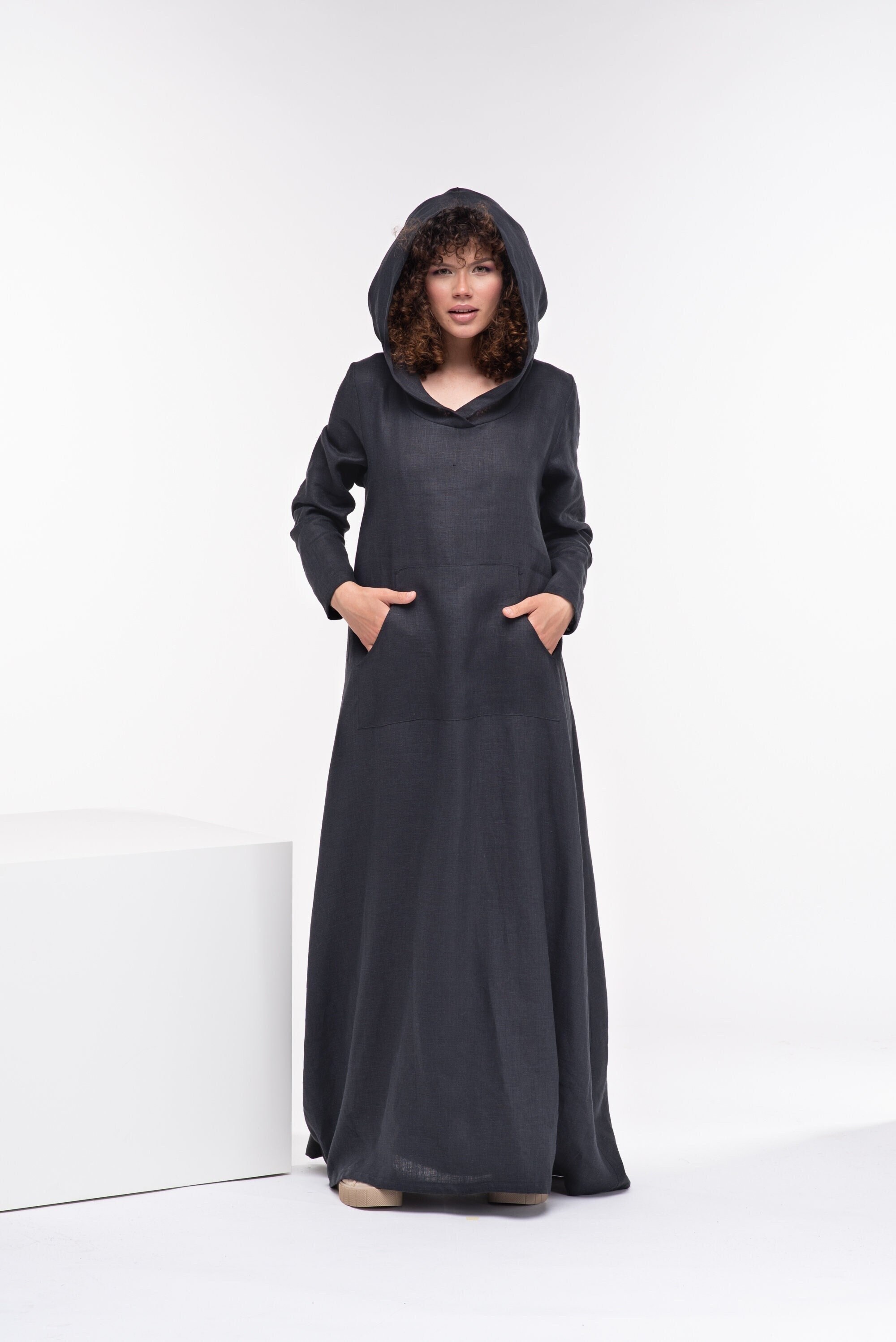 Lumignon ルミニョン LL hooded long dress S Linen Hooded Dress, Linen Maxi Dress, Linen Hoodie Dress