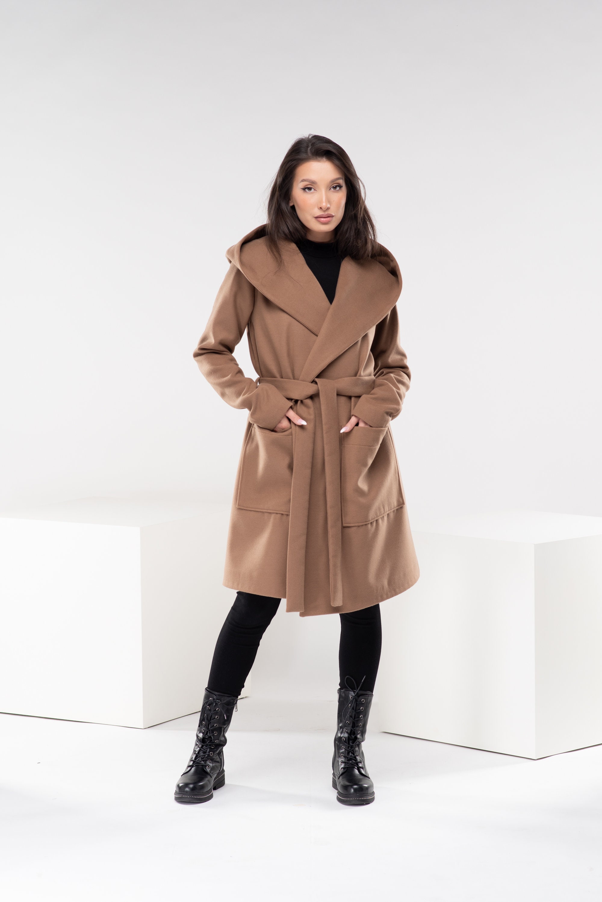 Hooded Wool Trench Coat, Long Winter Coat With Belt, Camel Wrap