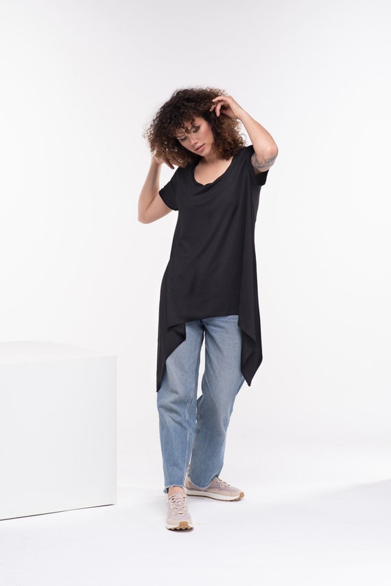 Black Cotton Top, Asymmetrical Shirt, Plus Suze Tunic