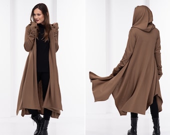 Cape de sorcière en laine camel, cardigan asymétrique pour femme, manteau gothique en tricot, manteau cape à capuche, vêtements futuristes