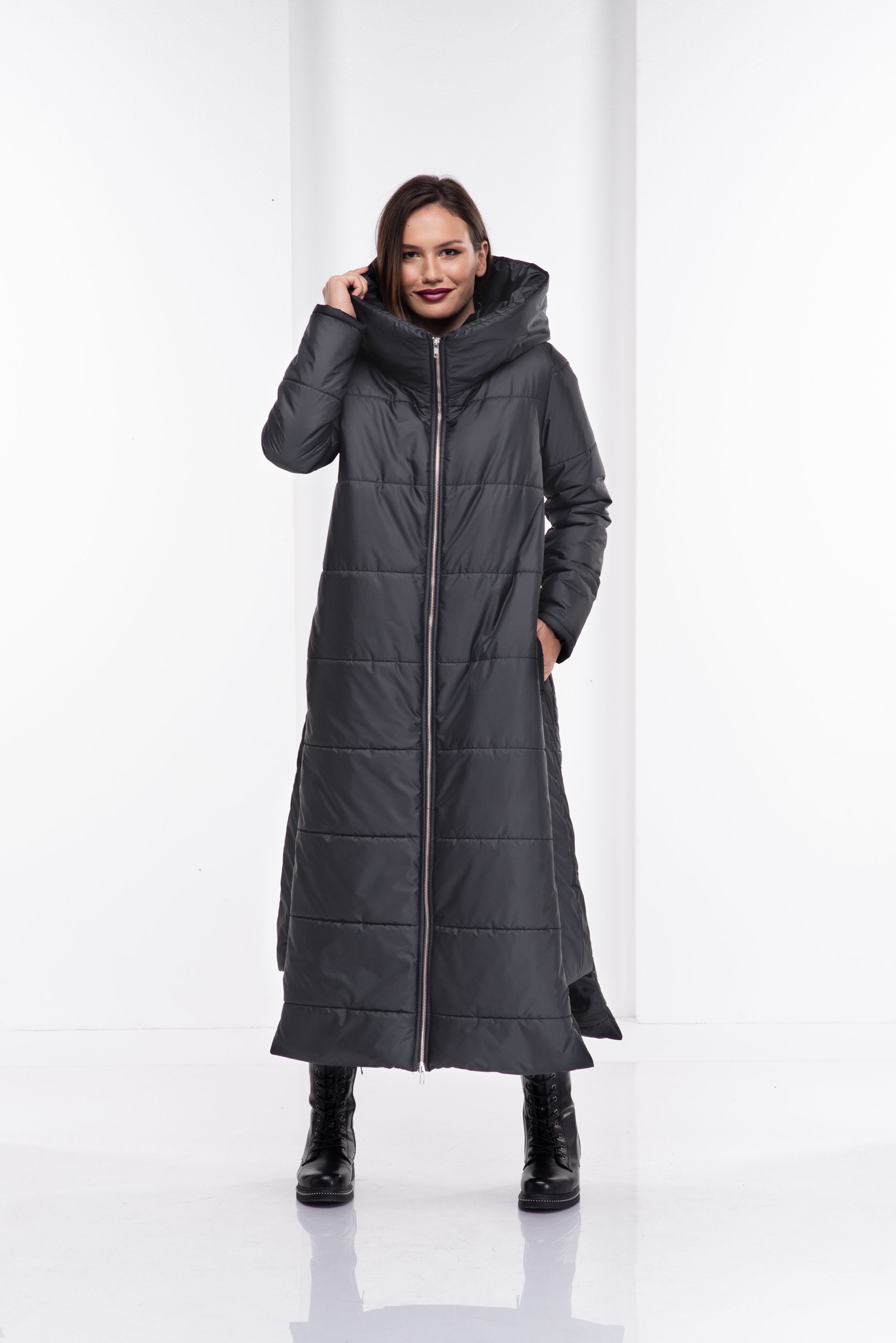 Quilted Down Jacket, Bomber Goth Coat, Asymmetrical Winter Jacket