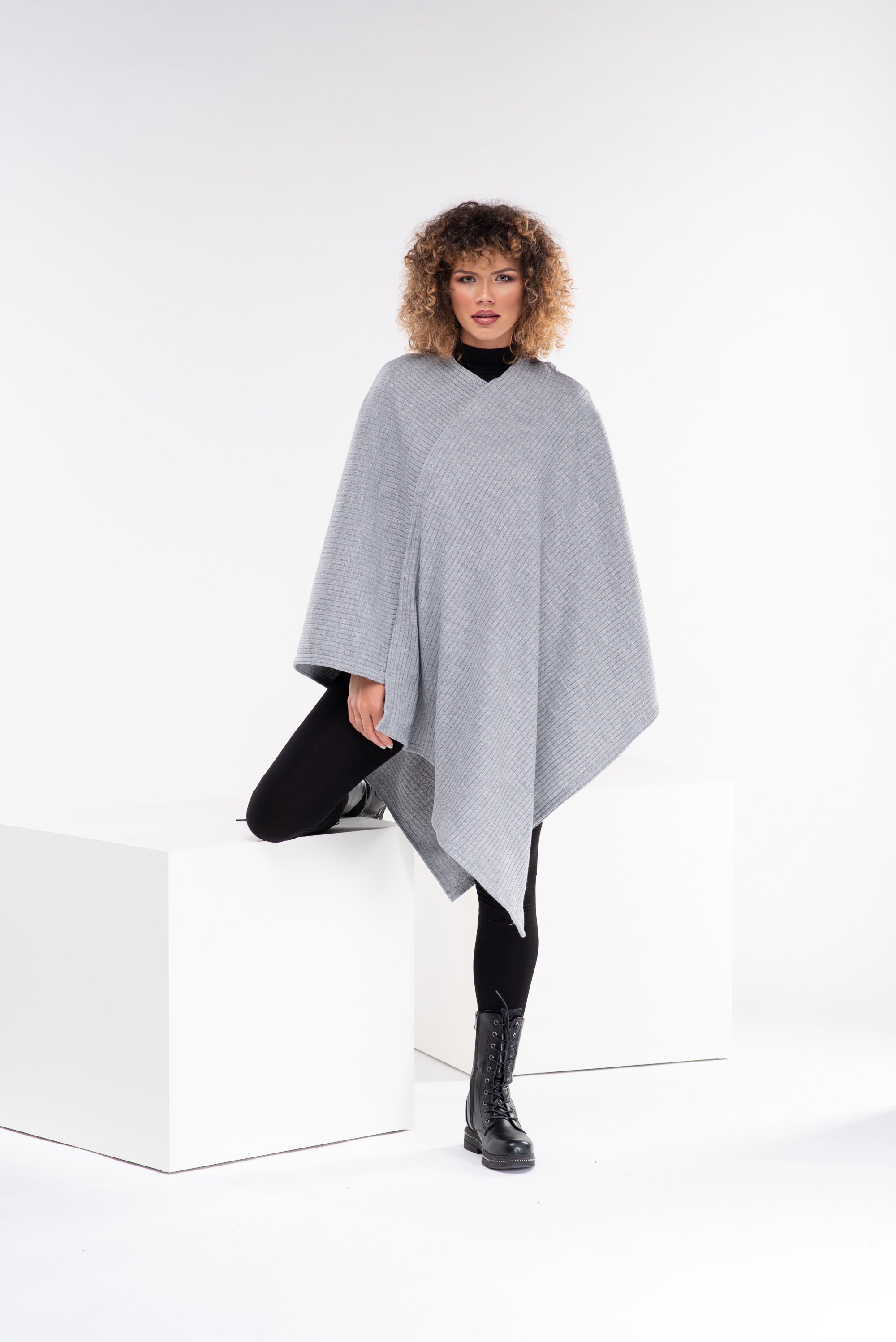 Knit Plus Size Poncho, Black Gothic Cape, Knitted Goth