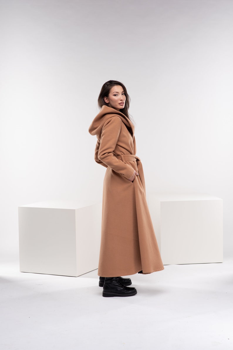 Manteau long princesse, Manteau d'hiver pour femme, Manteau à capuche en laine camel, Manteau évasé chaud, Vêtements grande taille image 4