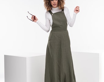 Linen Pinafore Dress, Linen Summer Dress, Sleeveless Linen Dress, Long Linen Skirt with Pockets, Maxi Linen Skirt, Circle Skirt Dress