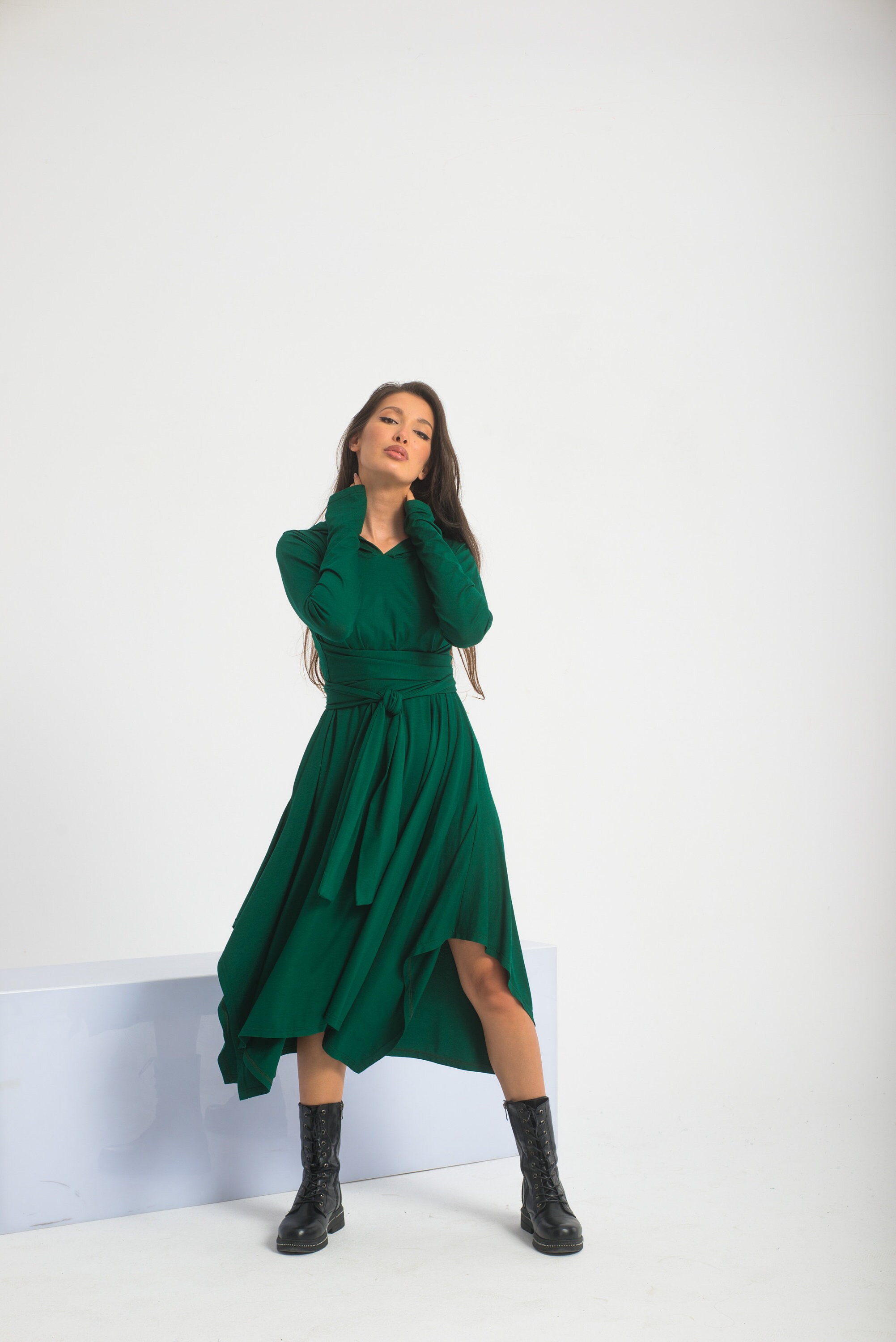 Green Hooded Dress, Asymmetrical Wrap Dress, Witch Autumn Dress, Plus Size Futuristic Clothing
