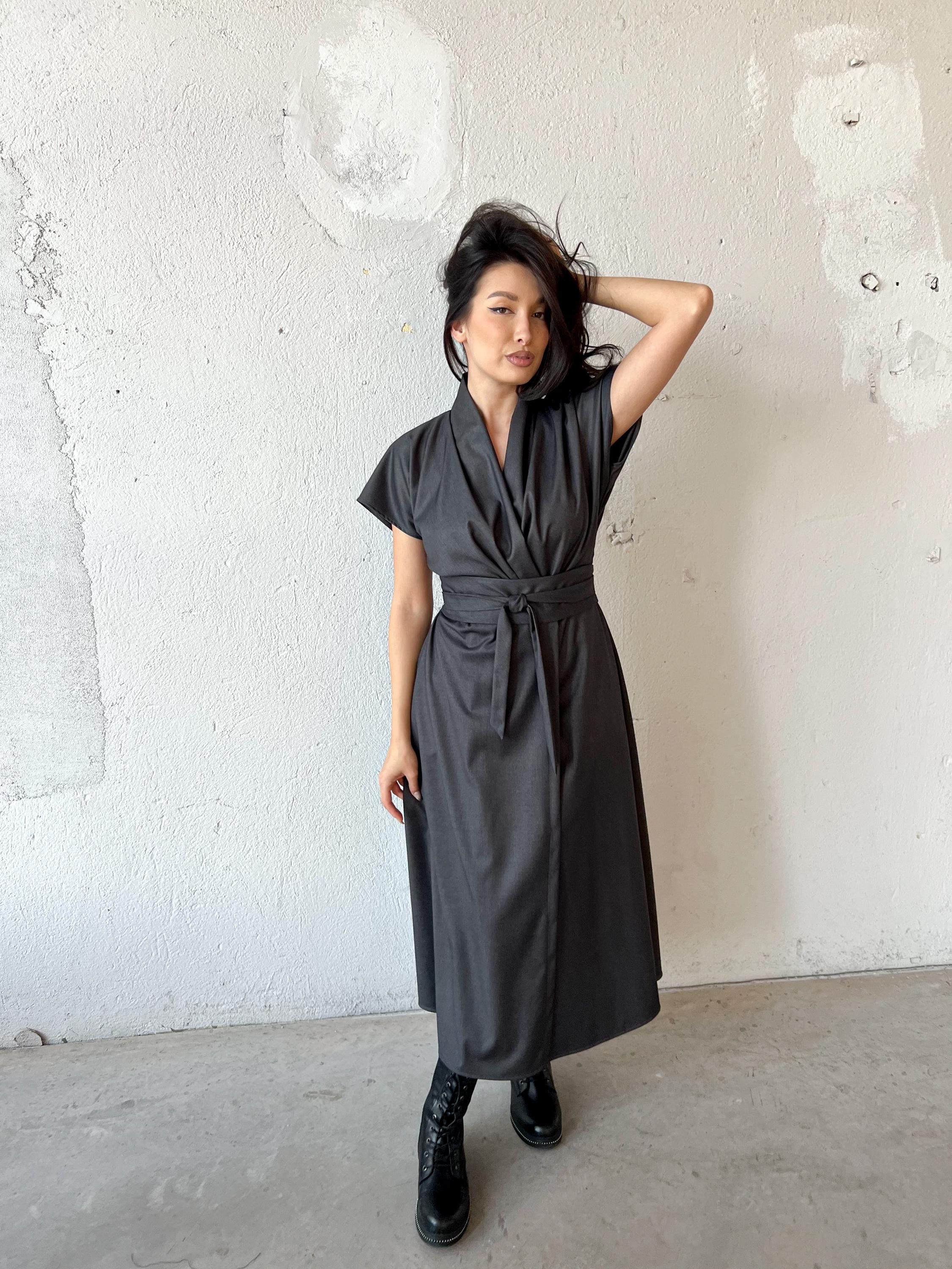kimono wrap mini dress Black Linen Kimono Dress - Oversize Wrap Dress in 6 Colors - Comfy Everyday Short Dress