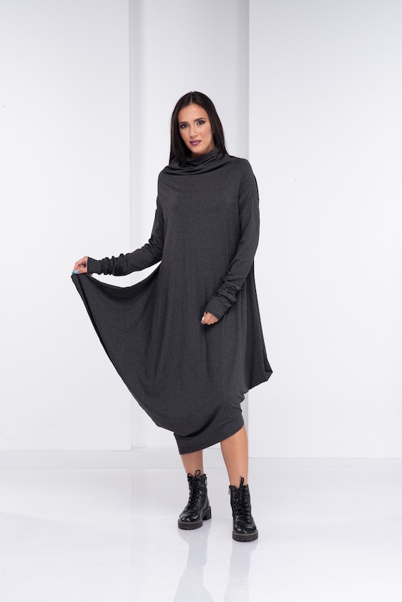 Asymmetrical Dress, Steampunk Dress, Turtleneck Tunic Dress, Winter Maxi Dress