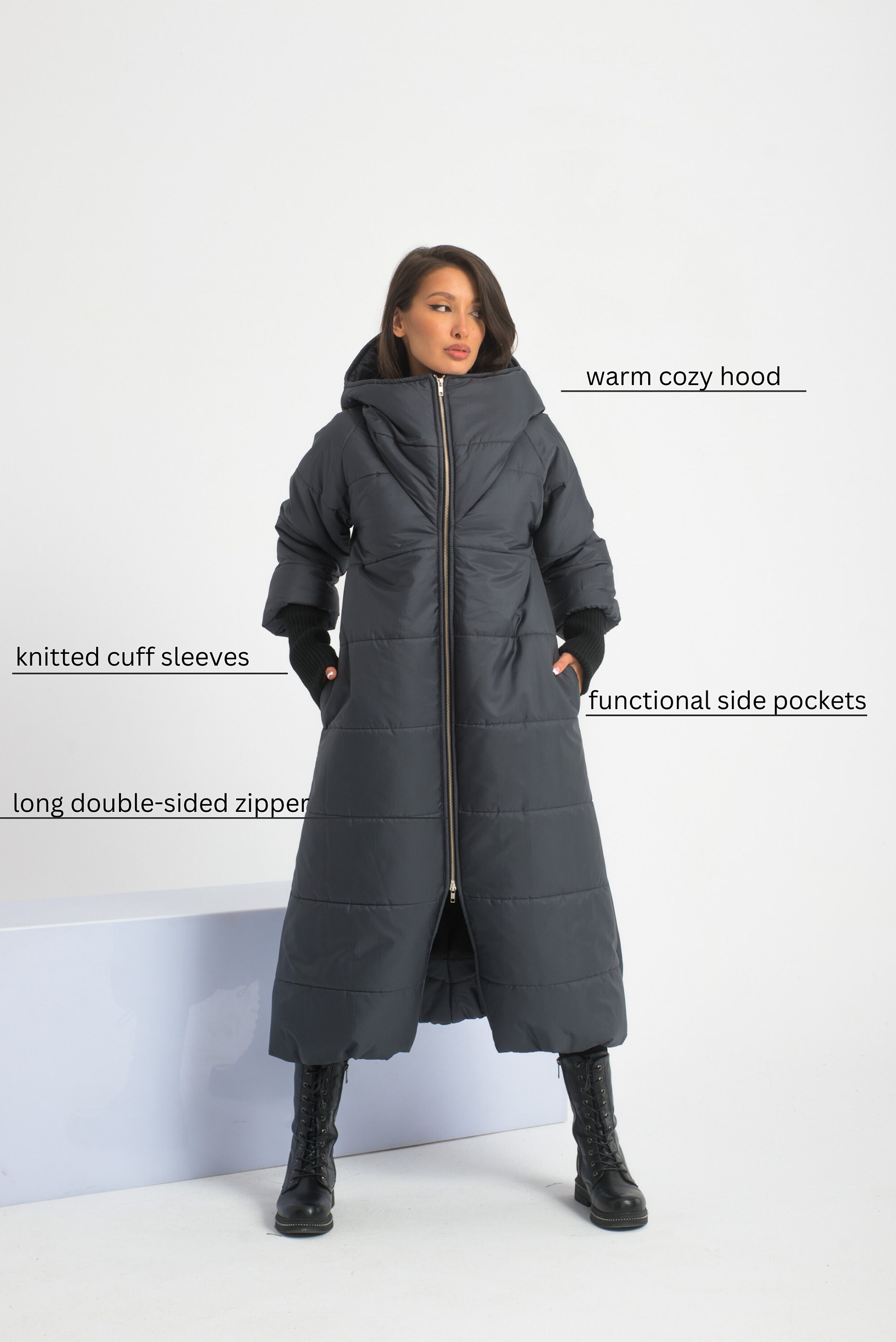 Maxi Down Jacket, Womens Winter Coat, Puffer Goth Jacket, Hooded