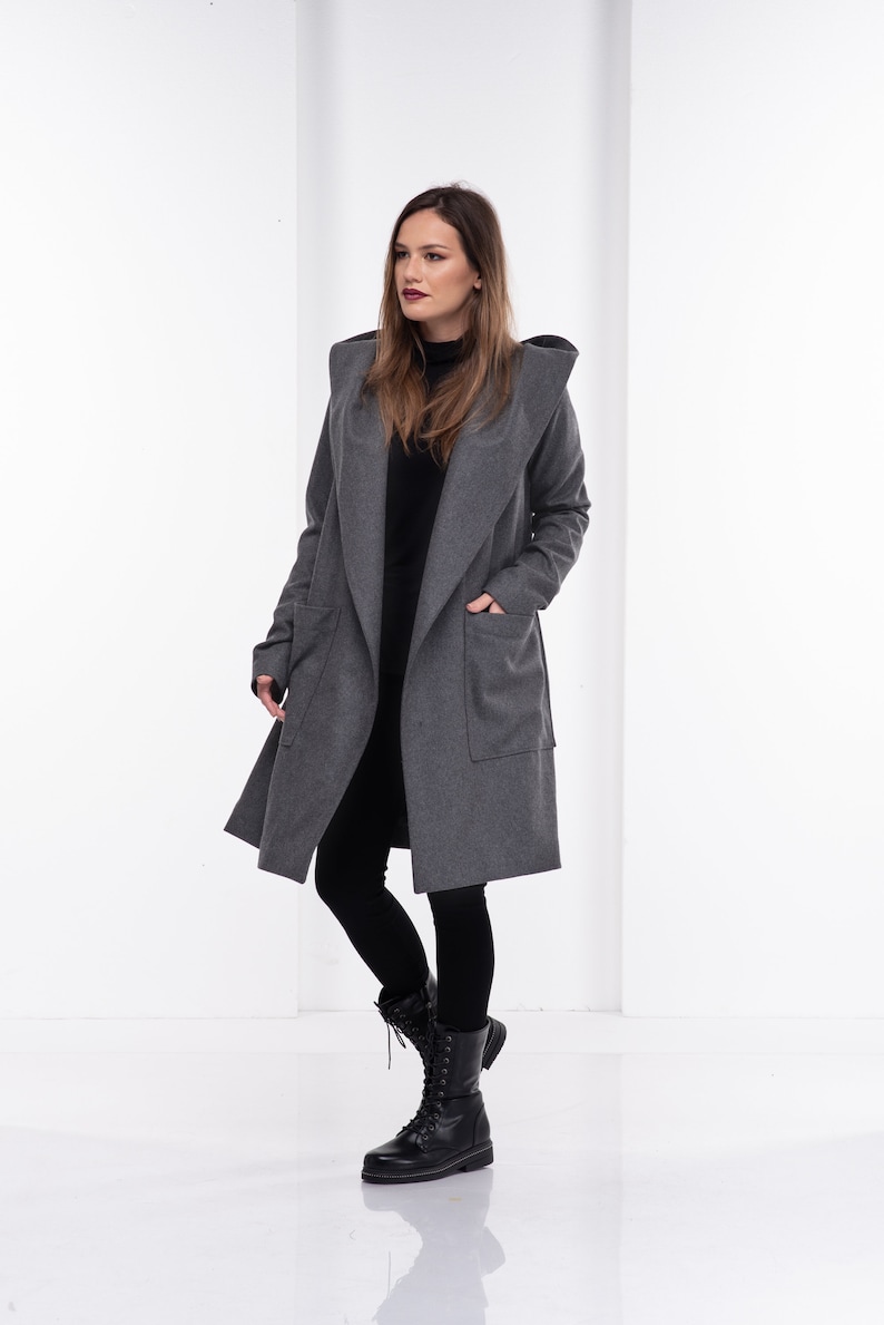 Gray Wool Coat Women Cashmere Hooded Cape Coat Winter Trench Etsy
