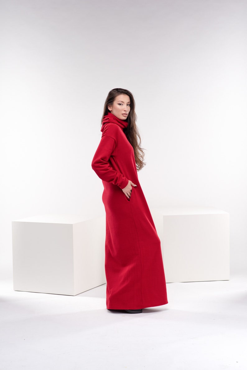 Robe longue rouge en tricot, robe longue d'hiver, robe longue en laine, robe d'automne à col roulé, robe pull chaude image 1