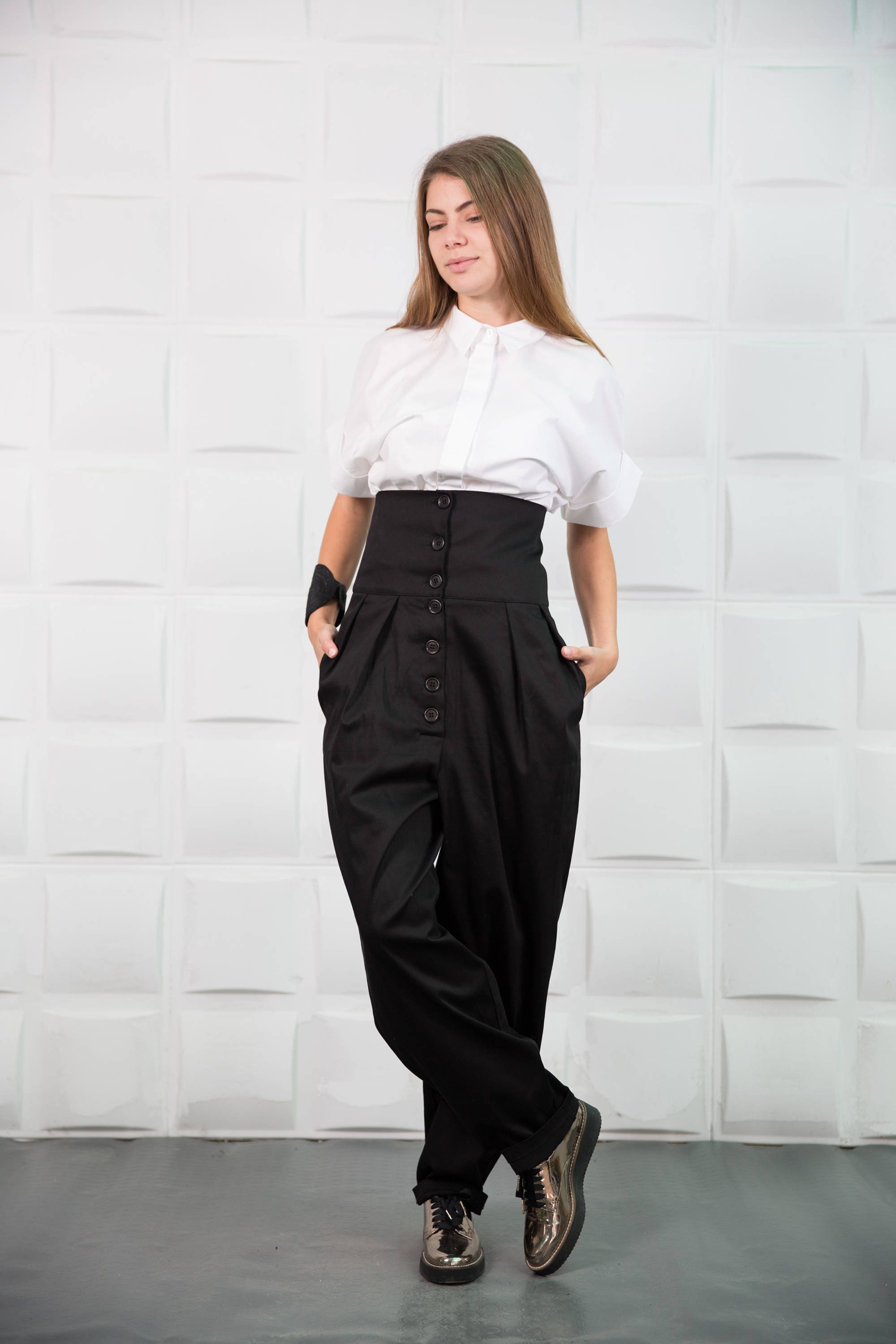 パンツ andmary Highwaist ribbon pants black ANDMARY】Highwaist ribbon pants