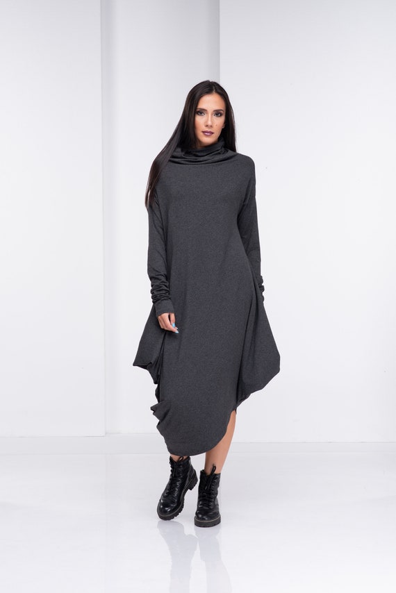 Maxi Asymmetrical Turtleneck Dress : Long Warm Cotton Steampunk Style