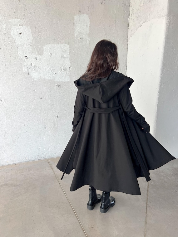 Black Cloak with Hood, Asymmetrical Cyberpunk Jacket, Goth Witchy Clothes, Viking Hood Cape Coat with Belt