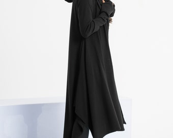 Women's Renaissance Hooded Cloak Coat - Gothic Longline Cape Jacket With Drop Shoulder & High-Low Hem