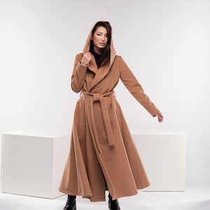 Manteau long princesse, Manteau d'hiver pour femme, Manteau à capuche en laine camel, Manteau évasé chaud, Vêtements grande taille image 3