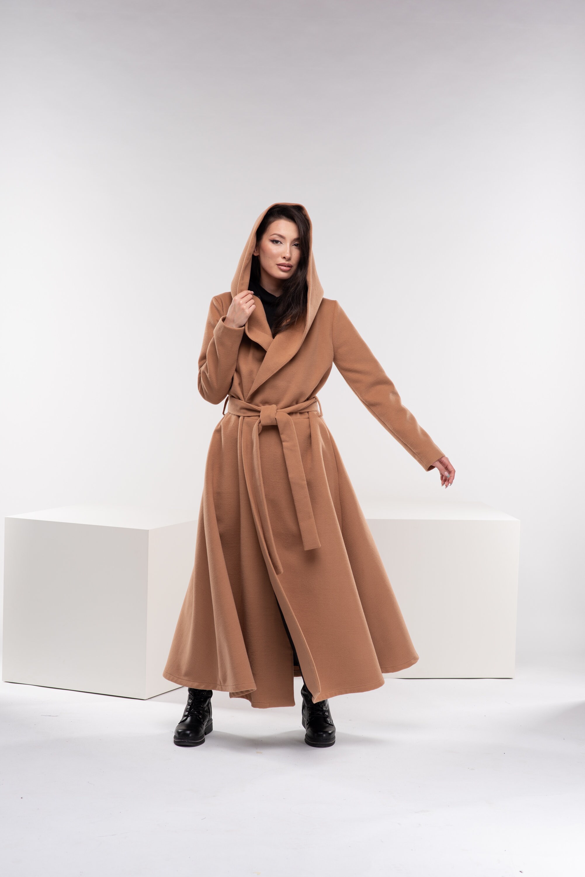 Long Princess Trench Coat, Hooded Winter Cape Coat, Camel Wool