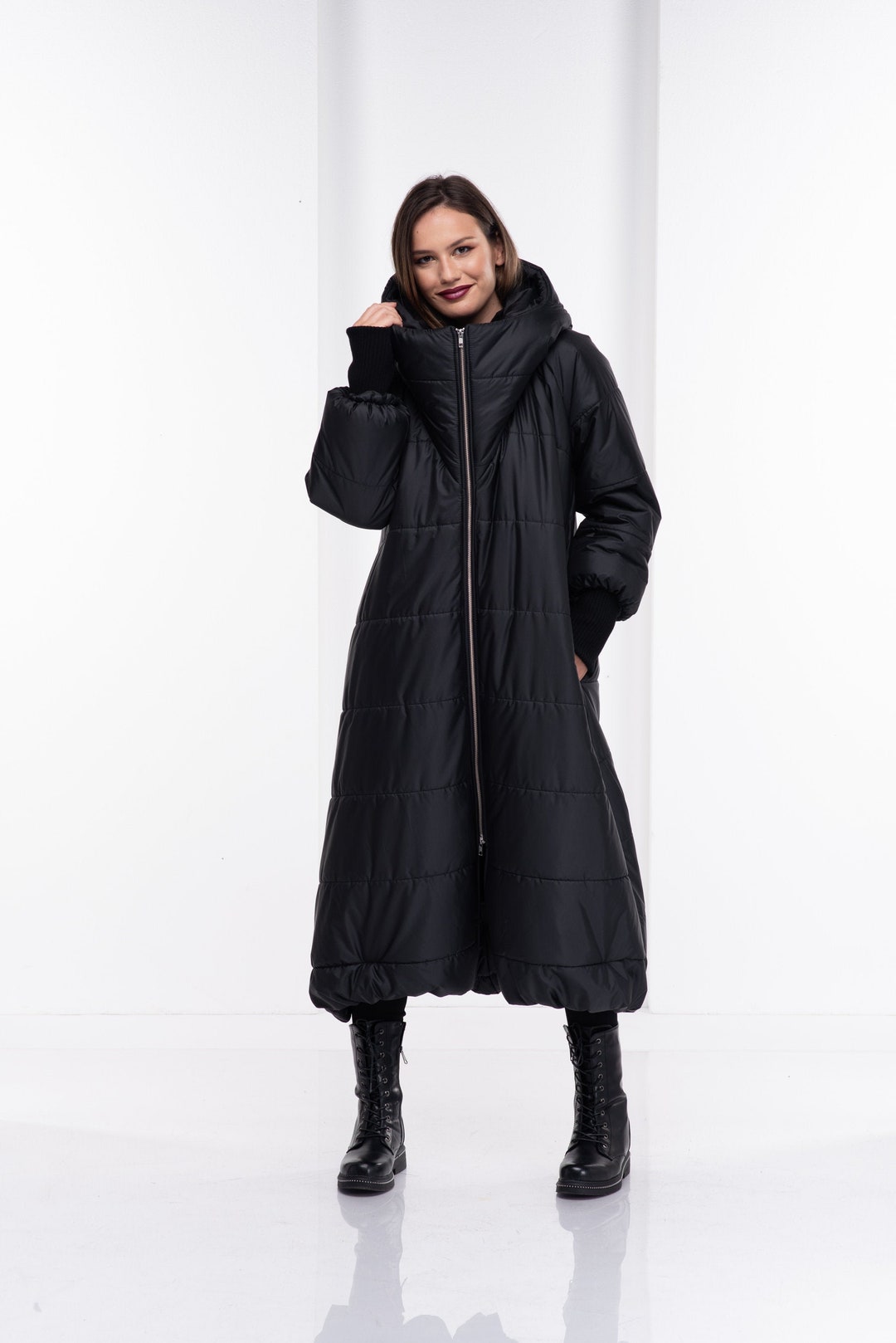 Cyberpunk Puffer Jacket, Quilted Down Coat, Goth Hooded Coat, Long Plus ...