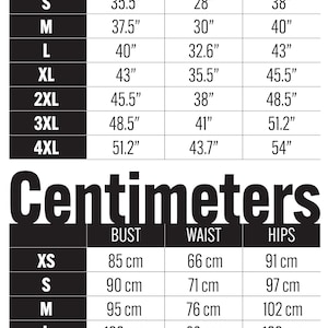 May include: Size chart showing bust, waist, and hip measurements in inches and centimeters for sizes XS to 4XL.