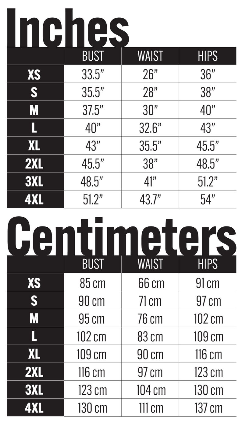 May include: Size chart showing bust, waist, and hip measurements in inches and centimeters for sizes XS to 4XL.