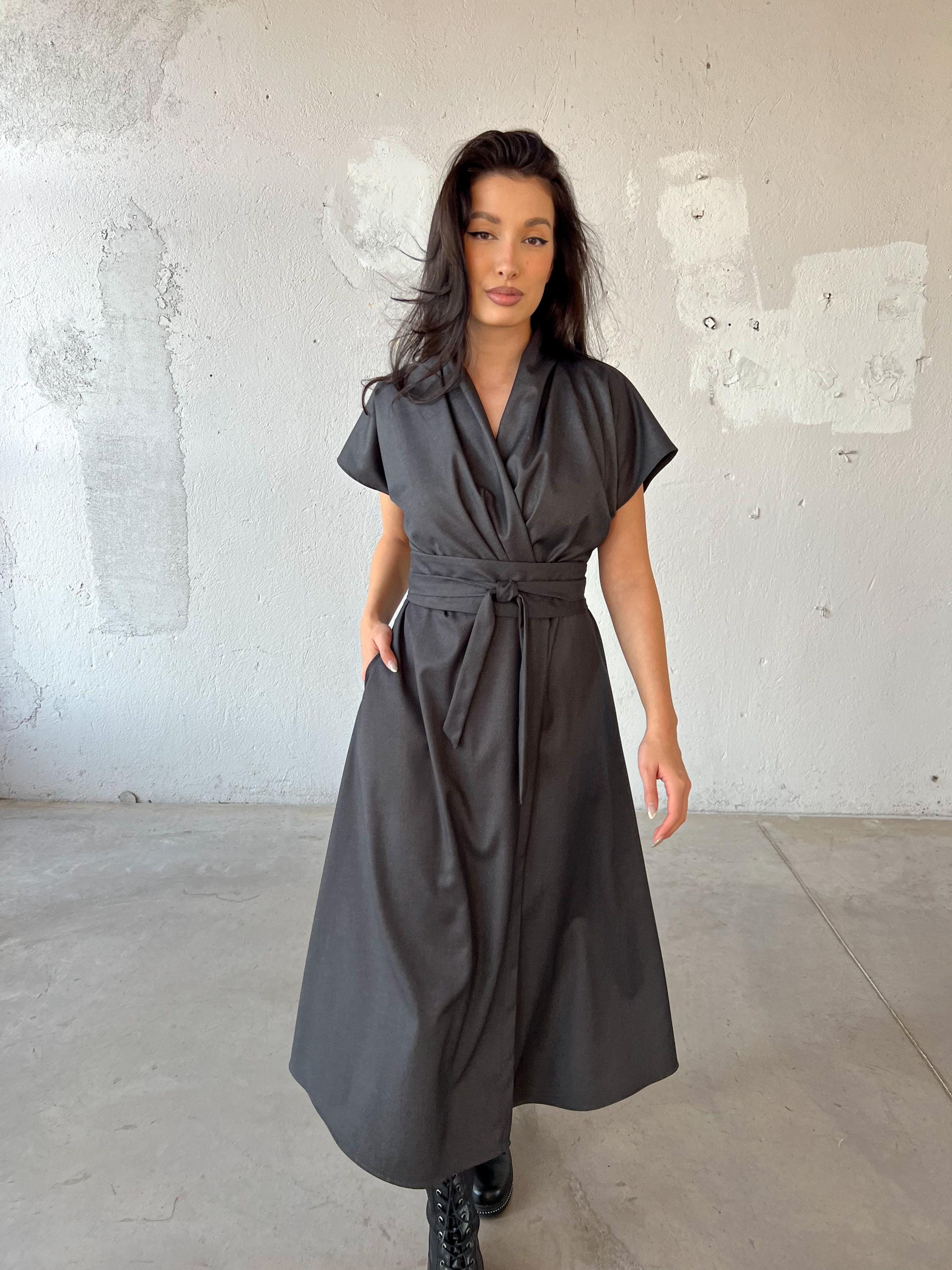Japanese Wool Kimono Dress Maxi Wrap Dress Fall Midi Dress With japanese-wool-kimono-dress-maxi-wrap-dress-fall-midi-dress-with