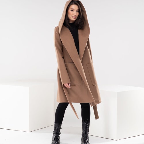 【WowRie】 3way Wool Cape coat ブラウン Hooded Wool Trench Coat, Long Winter Coat With Belt, Camel Wrap