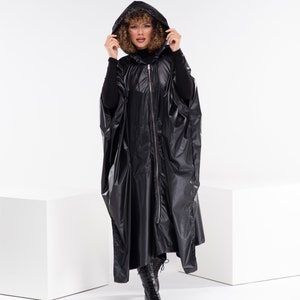 Oversized Hooded Raincoat, Boho Gothic Hoodie, Long Black Cape Coat, Cyberpunk Rain Jacket, Black Swing Coat image 5