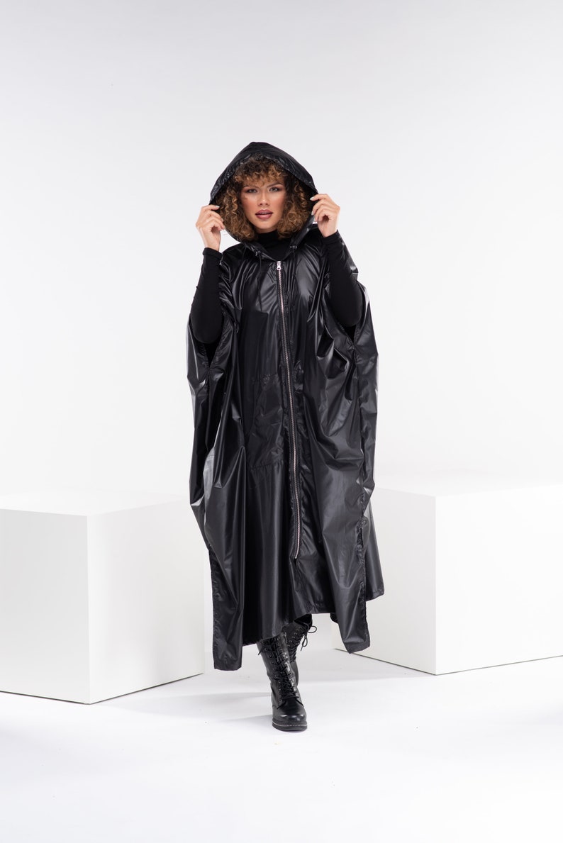 Oversized Hooded Raincoat, Boho Gothic Hoodie, Long Black Cape Coat, Cyberpunk Rain Jacket, Black Swing Coat image 5