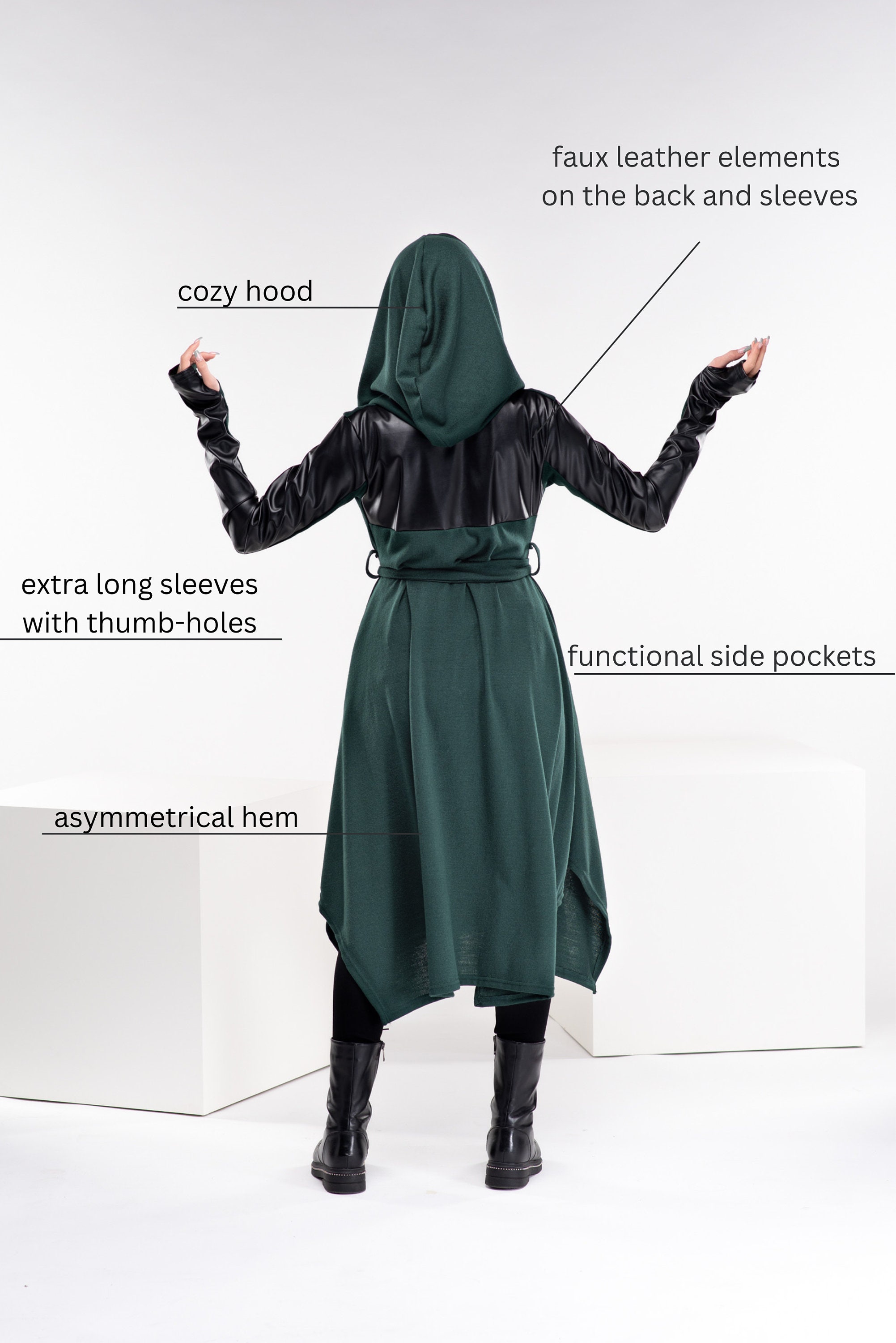 Garfinckel's Green ロングマント マキシ フード付きウール コート マント、100% ウール、マキシ