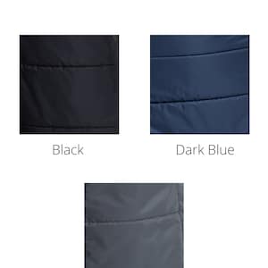 May include: Close-up of quilted puffer fabric in three colors: black, dark blue, and dark gray. The fabric has a soft, quilted texture and a viscose lining.