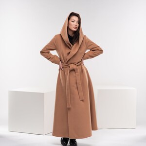 Manteau long princesse, Manteau d'hiver pour femme, Manteau à capuche en laine camel, Manteau évasé chaud, Vêtements grande taille image 2