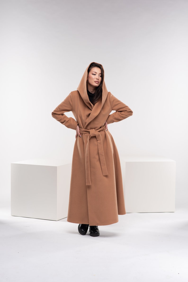 Manteau long princesse, Manteau d'hiver pour femme, Manteau à capuche en laine camel, Manteau évasé chaud, Vêtements grande taille image 2