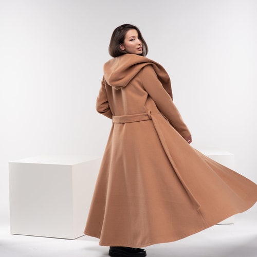 Long Princess Winter Coat for Women Hooded Camel Wool -
