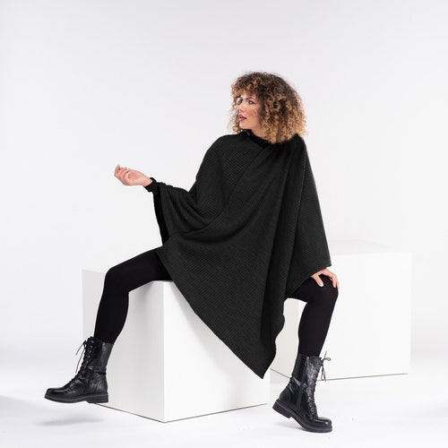 Knit Plus Size Poncho, Black Gothic Cape, Knitted Goth Jumper