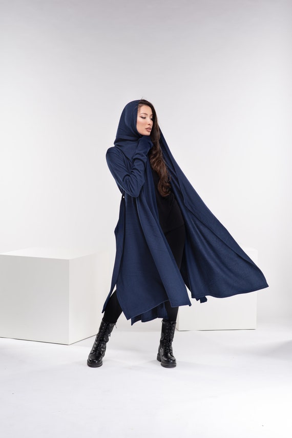Hooded Winter Cardigan, Asymmetrical Cyberpunk Cloak, Knitted Sweater Coat, Wool Gothic Cloak