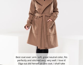Hooded Wool Trench Coat, Long Winter Coat With Belt, Camel