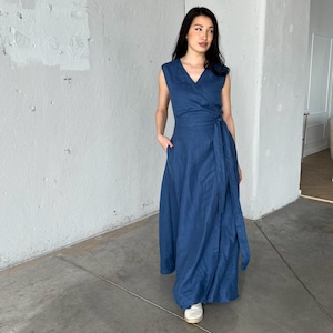 Linen Kaftan Dress, Long Wrap Summer Dress, Linen Sleeveless Dress, Fit and Flare Dress, Blue Linen Dress, Beach Wedding Dress, Flax Dress
