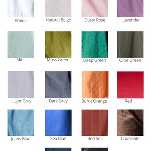 May include: A color chart of 16 different linen fabric swatches. The swatches are arranged in a grid of four rows and four columns. The colors include white, natural beige, dusty rose, lavender, mint, moss green, deep green, olive green, light gray, dark gray, burnt orange, red, jeans blue, sea blue, red soil, chocolate, dark blue, and black.