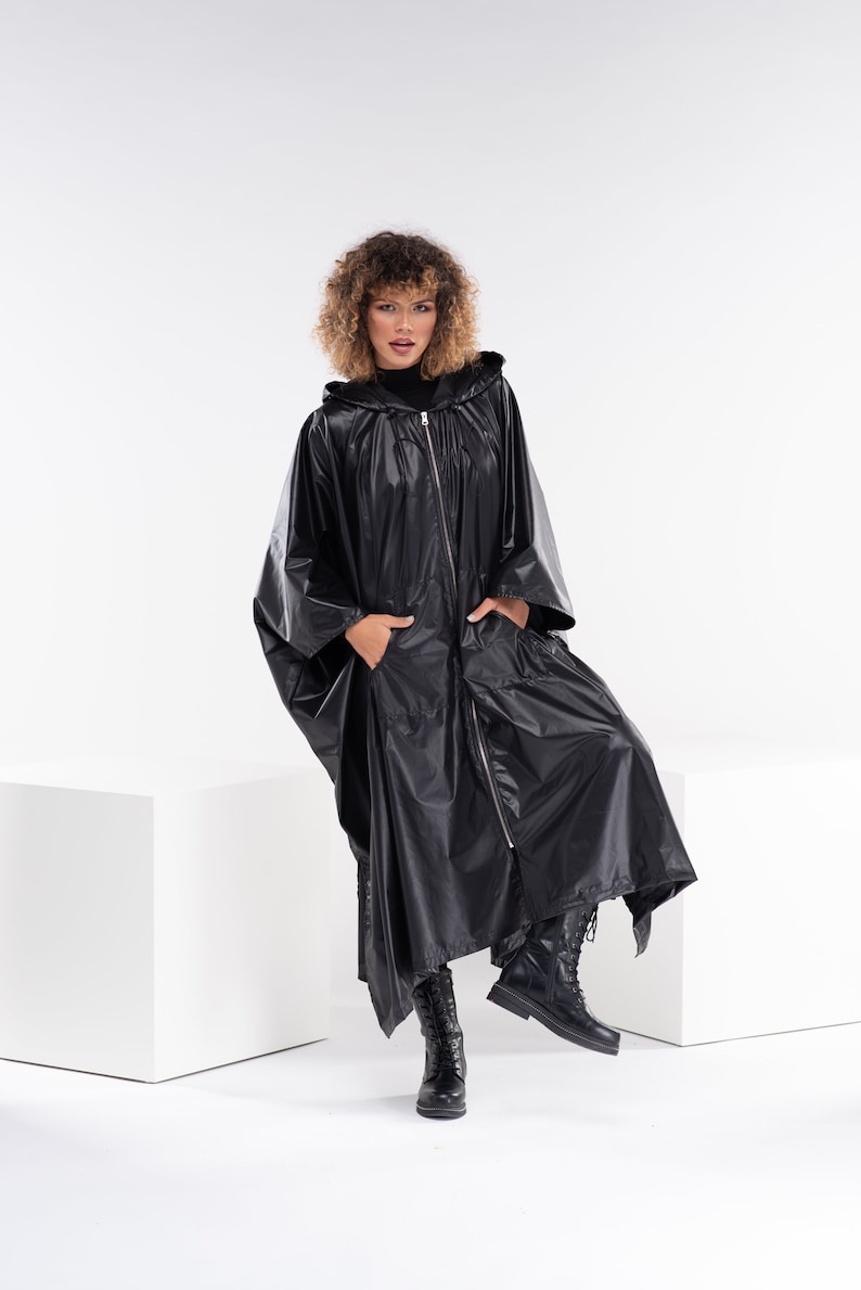 Oversized Hooded Raincoat, Boho Gothic Hoodie, Long Black Cape Coat, Cyberpunk Rain Jacket, Black Swing Coat image 4