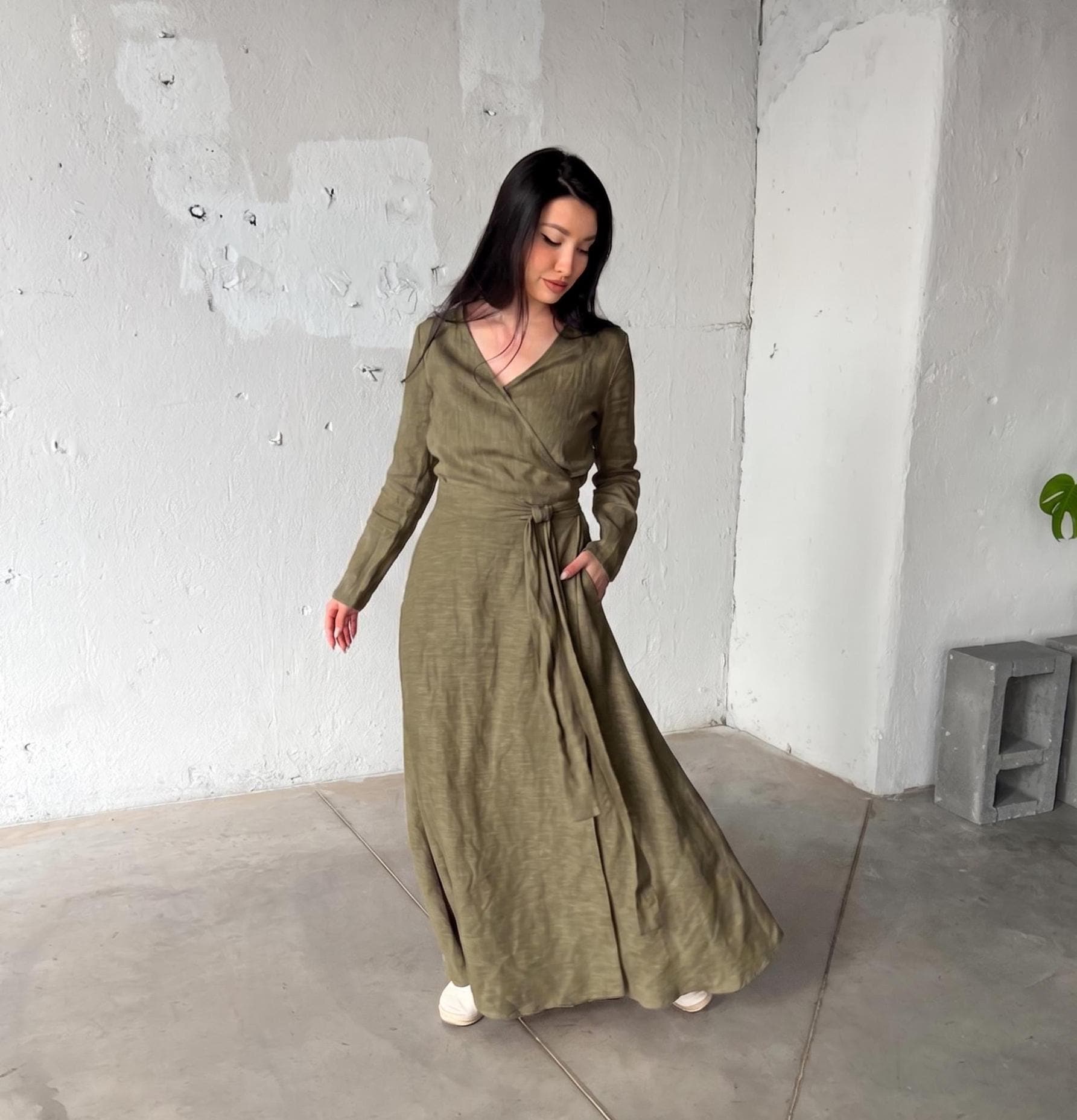 khaki maxi dress with sleeves Sarlyn Long Sleeve Maxi Dress in Khaki