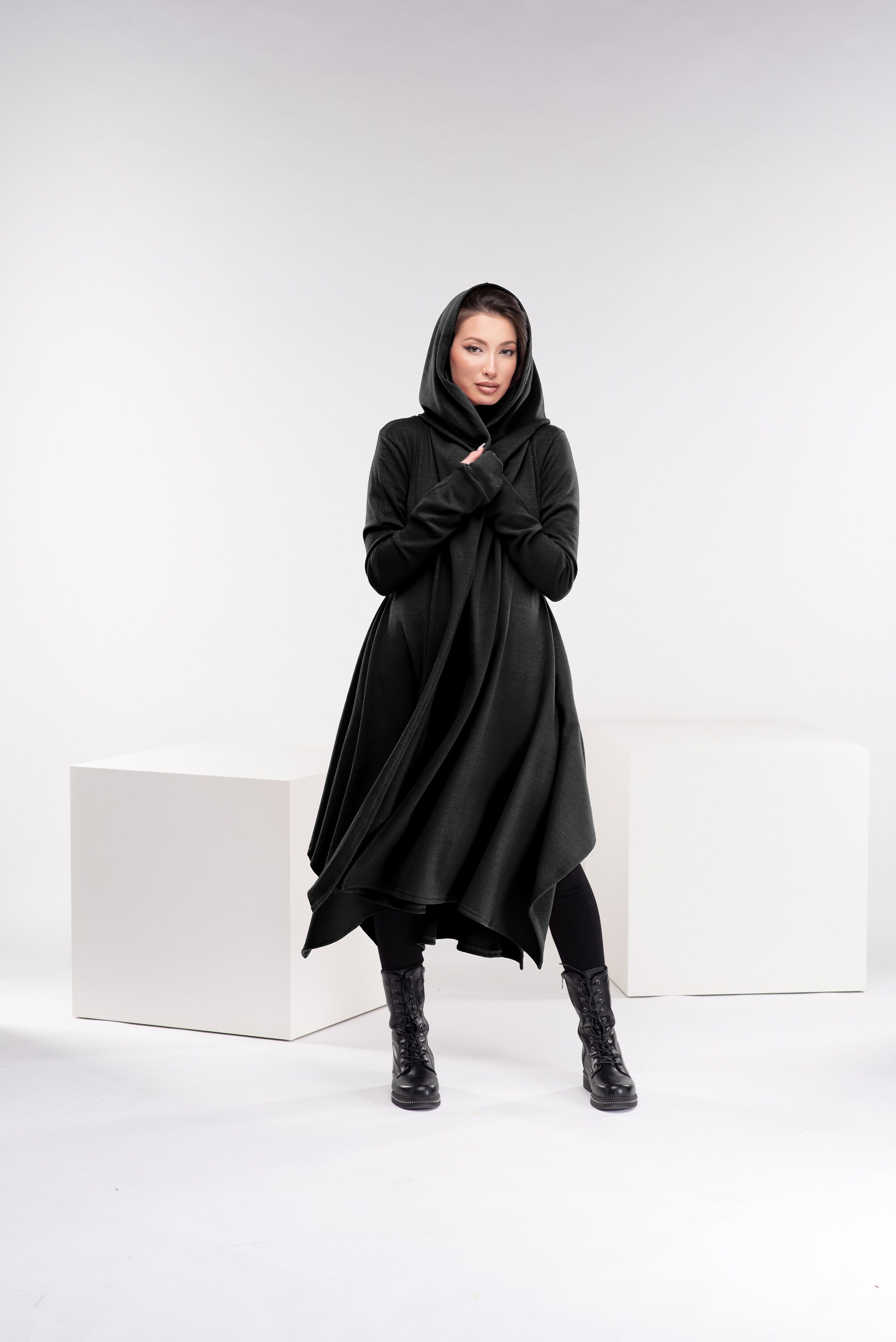 Black Winter Cloak, Wool Plus Size Cape, Goth Sweater Coat