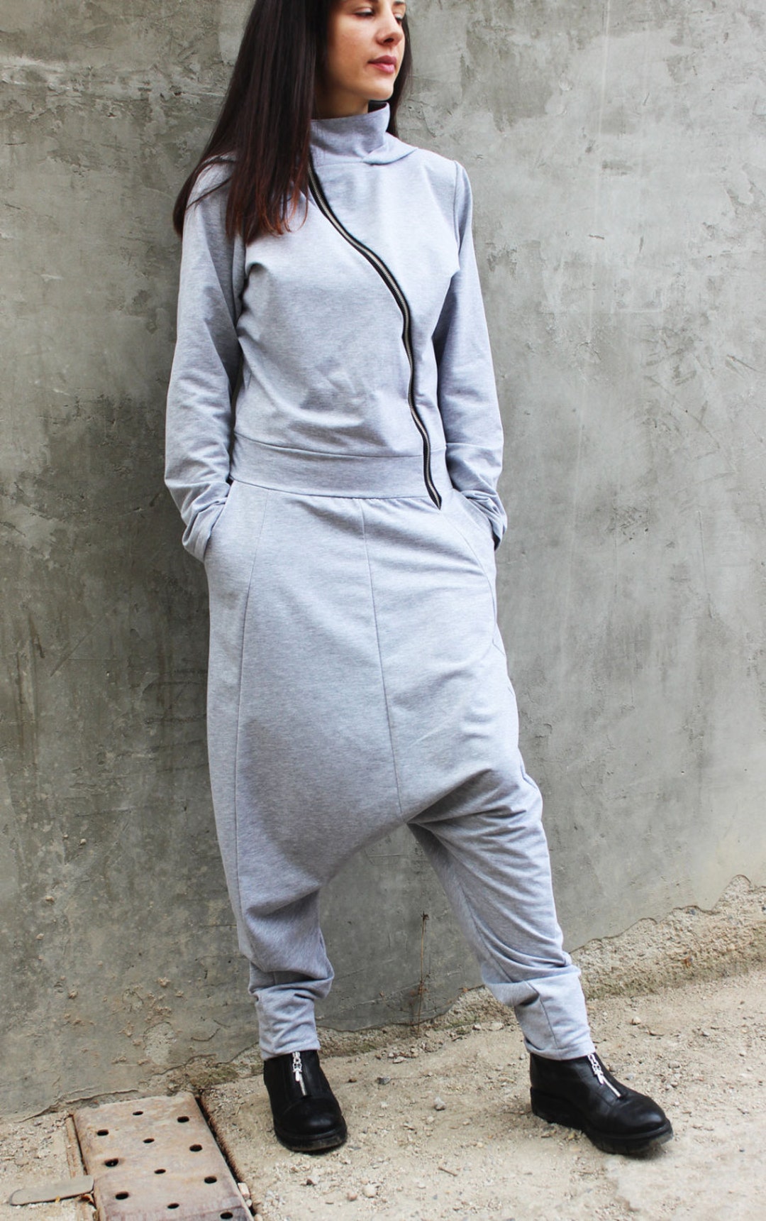 Harem Jumpsuit Gray Jumpsuit Plus Size Jumpsuit Hooded - Etsy