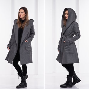 Hooded Goth Coat, Steampunk Jacket, Wool Cloak with Hood, Winter Coat Women