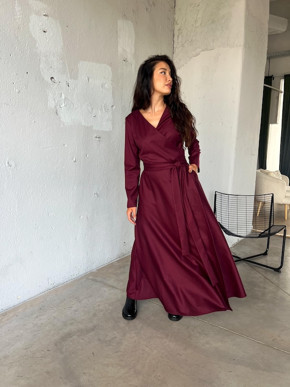 navy blue dress for baby girl Wool Maxi Dress, Wrap Winter Dress, Burgundy Medieval Dress, Long Sleeve Kaftan Dress, Long Swing Dress, Steampunk Dress, Floor Length Dress