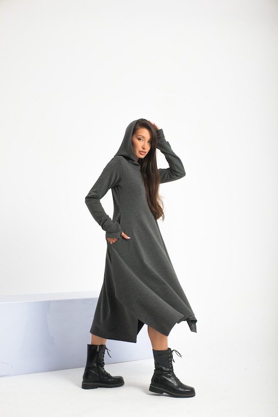 asymmetrical hooded dress Swing : Cotton Maxi Goth Hoodie Style elegant dark red dress BTS Do not hold your Colors:Light Blue