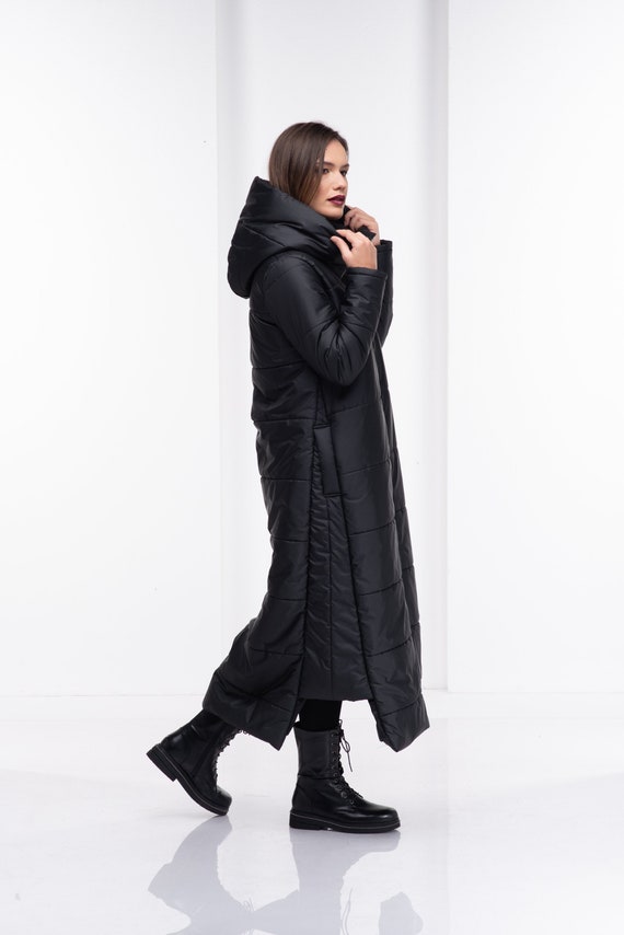 Quilted Puffer Jacket, Long Down Coat, Maxi Gothic Coat, Bomber Jacket Women,  Hooded Black Coat - Etsy